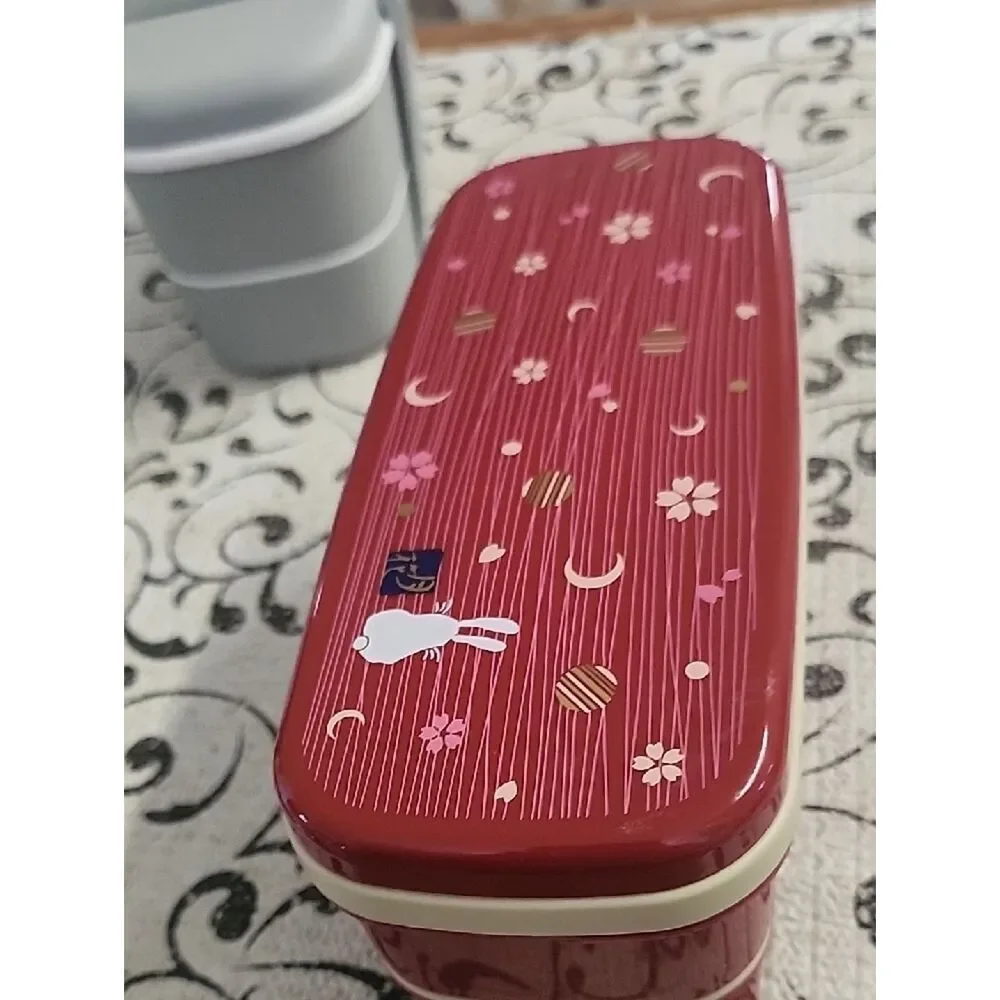 Gray Two-Tier Bento Box & Red Floral Two-Tier Bento Box Set
